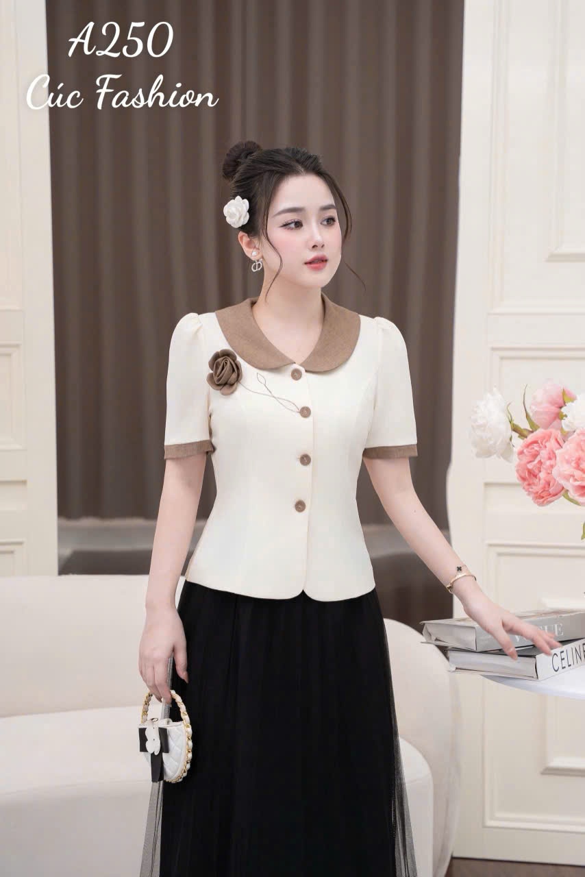 A250 Áo ký giả đính hoa phối cổ