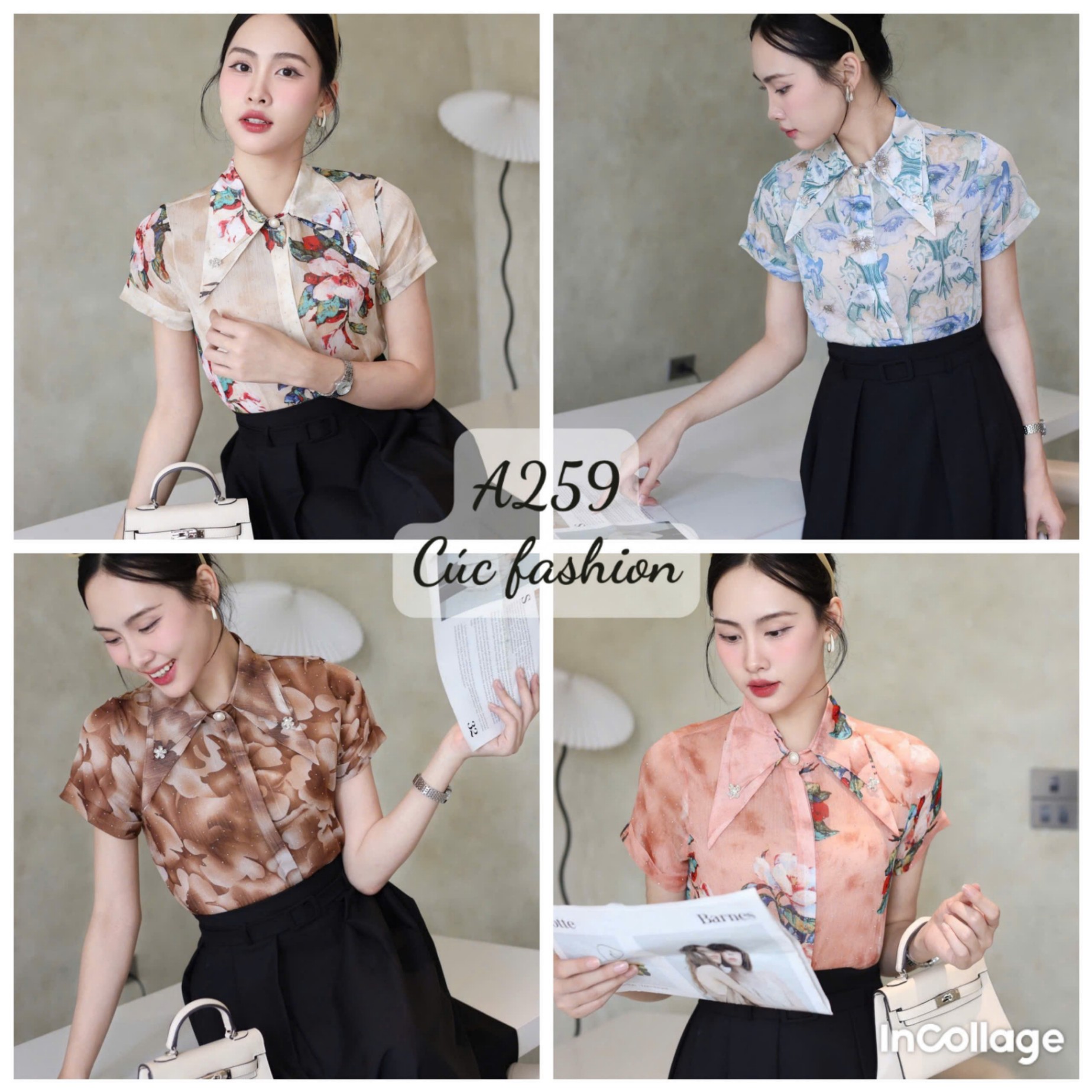 A259 Áo sơ mi hoa cổ nhọn đính đá