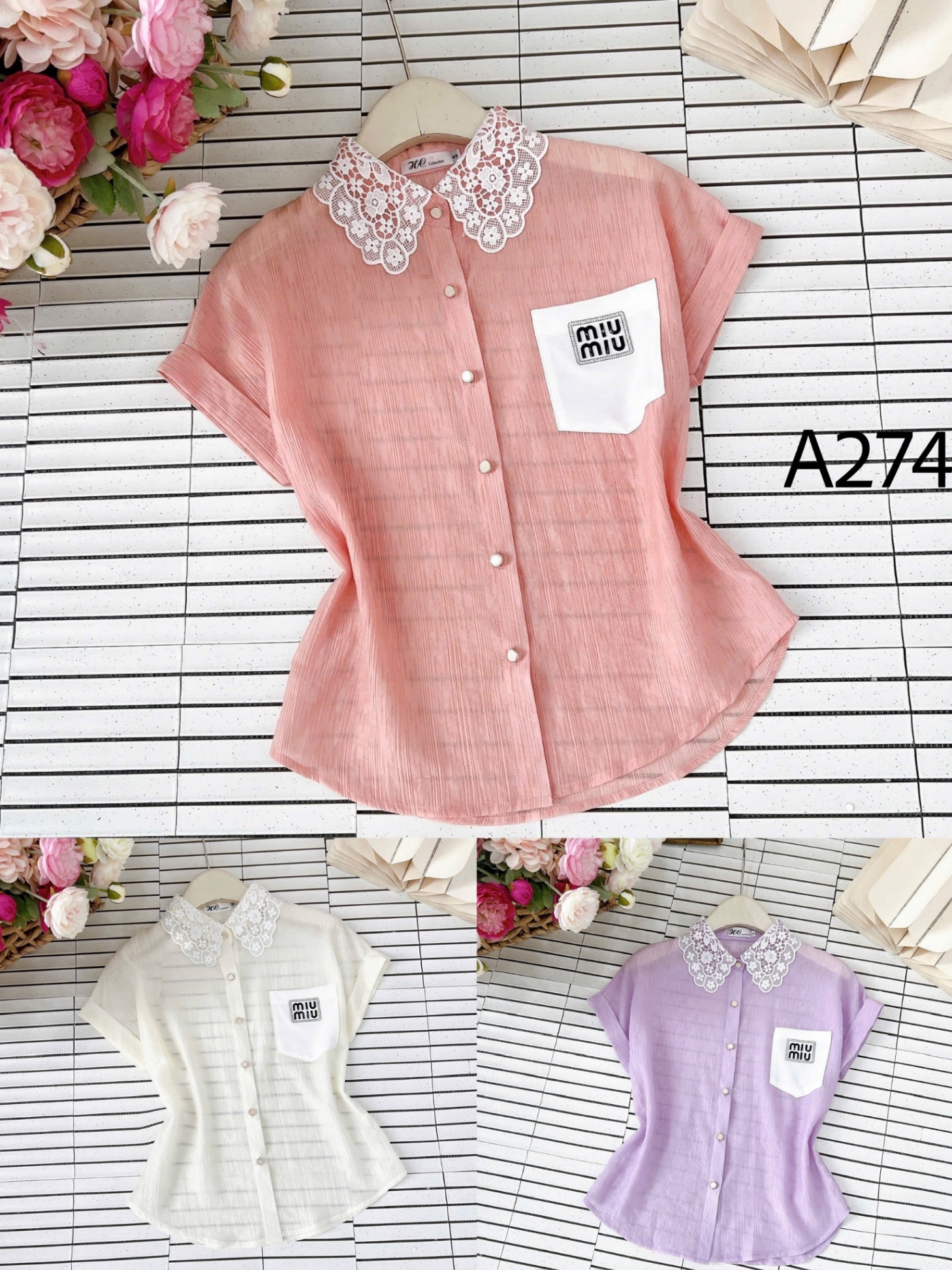 A274 Áo sơ mi cổ phối ren