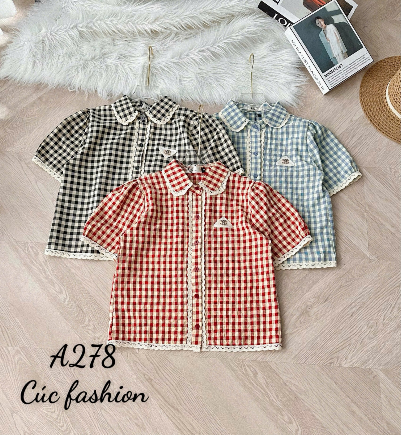 A278 Áo sơ mi kẻ caro viền ren