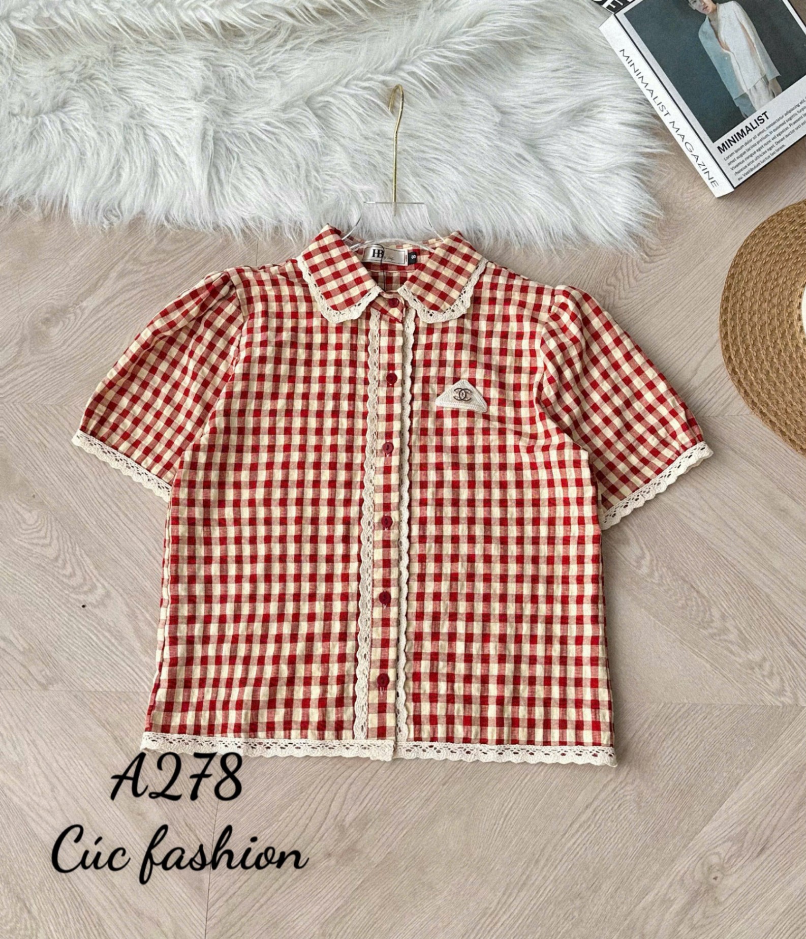A278 Áo sơ mi kẻ caro viền ren