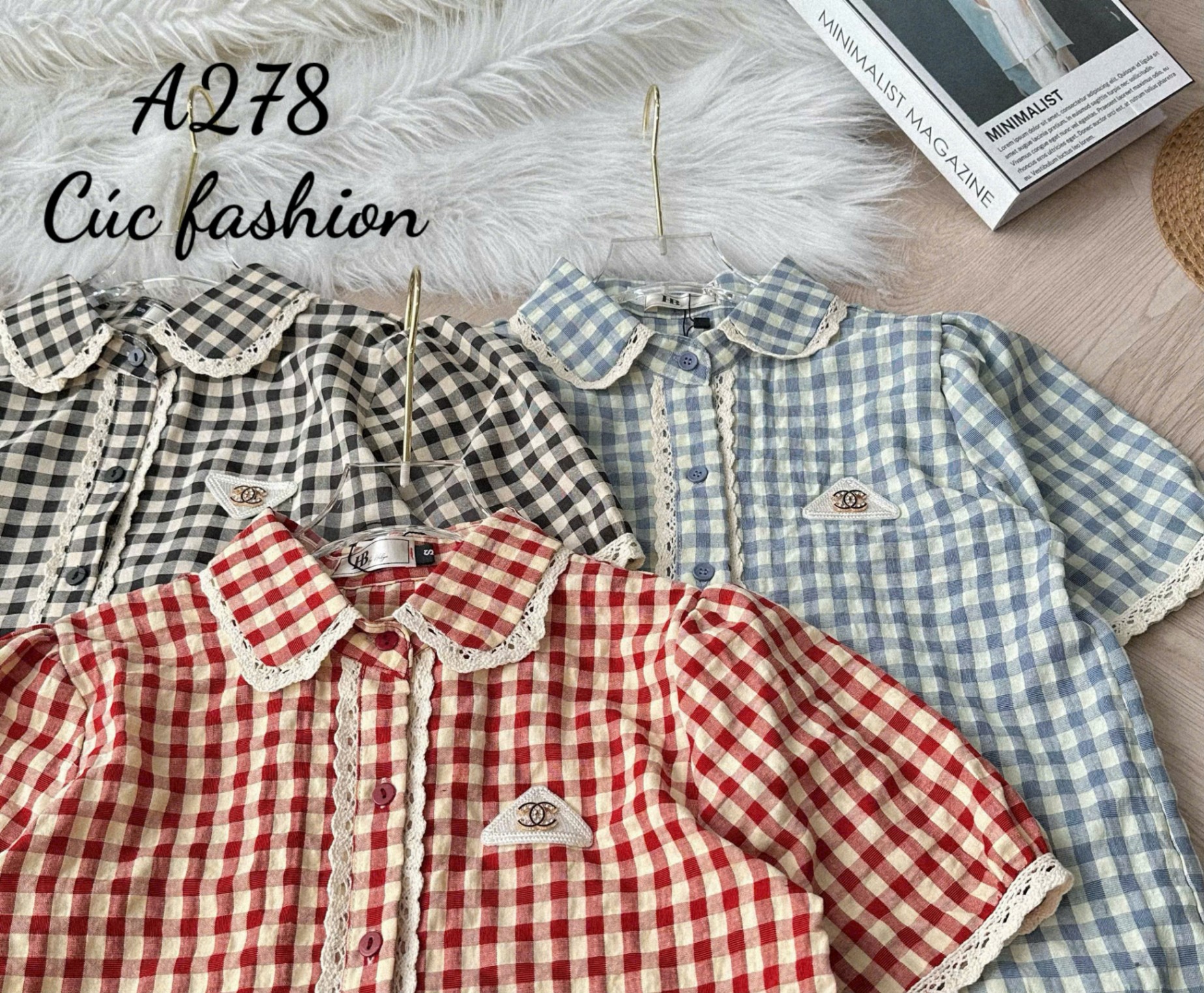 A278 Áo sơ mi kẻ caro viền ren