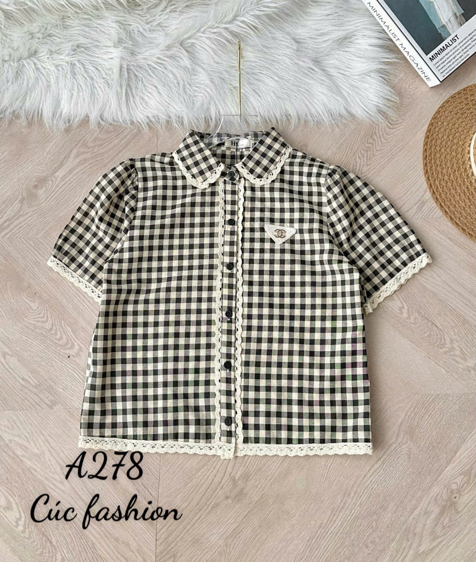 A278 Áo sơ mi kẻ caro viền ren