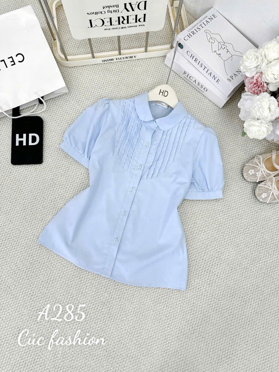 A285 Áo sơ mi cổ sen xếp ly