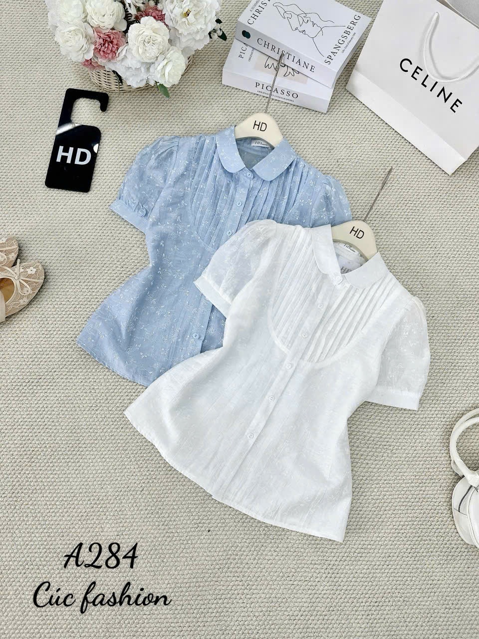 A284 Áo sơ mi hoa xếp ly cổ