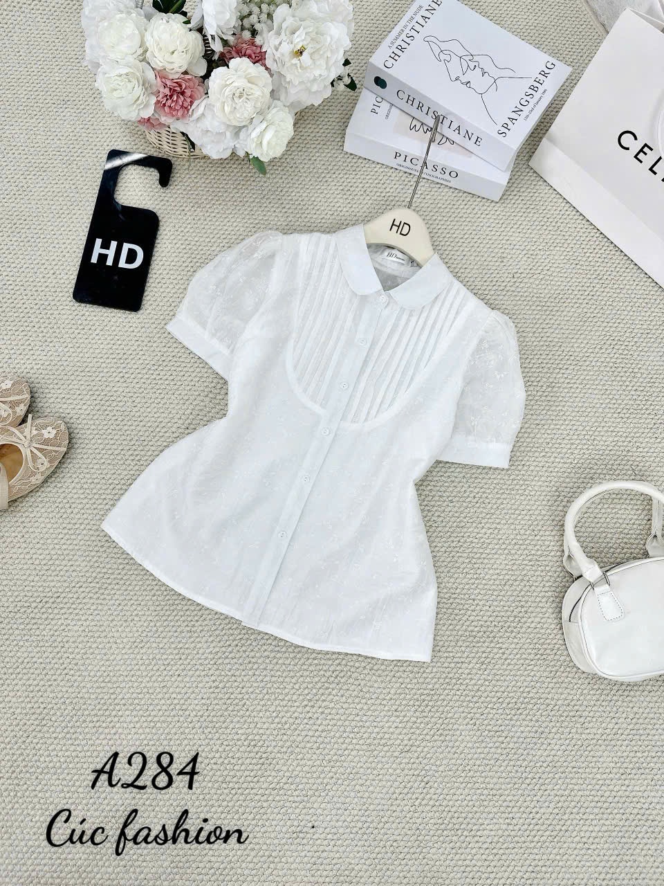 A284 Áo sơ mi hoa xếp ly cổ