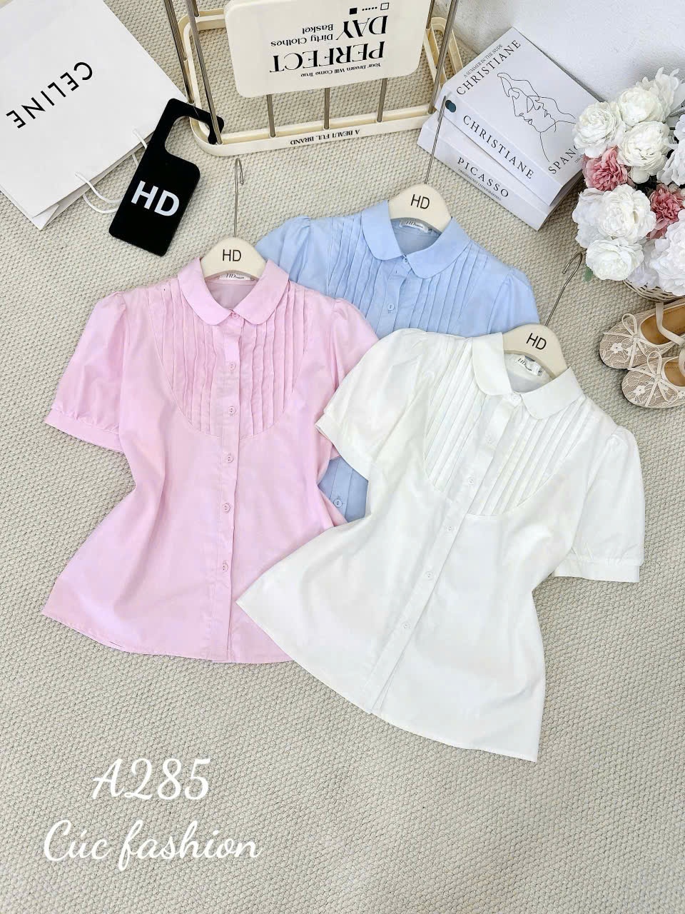 A285 Áo sơ mi cổ sen xếp ly