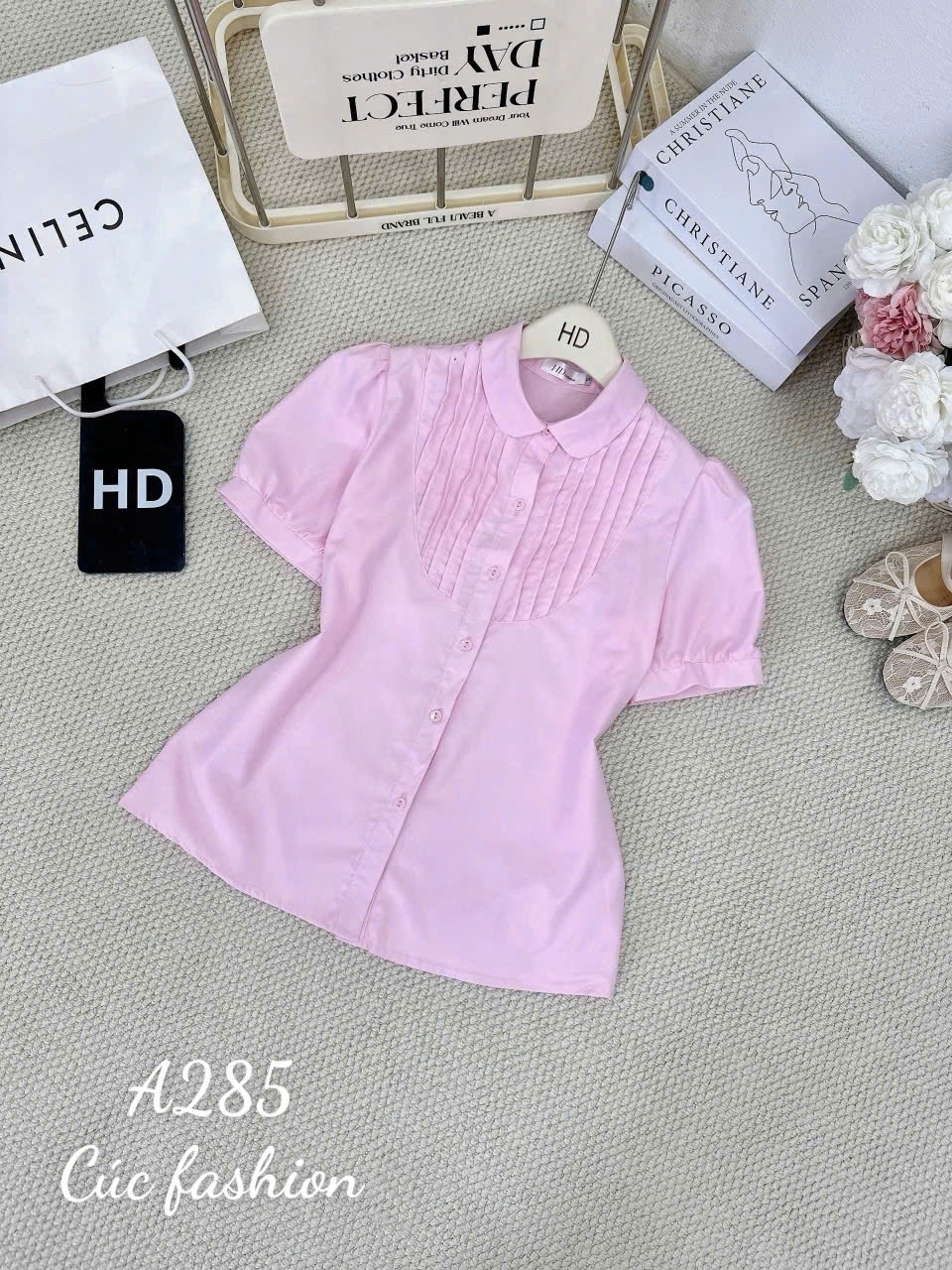 A285 Áo sơ mi cổ sen xếp ly