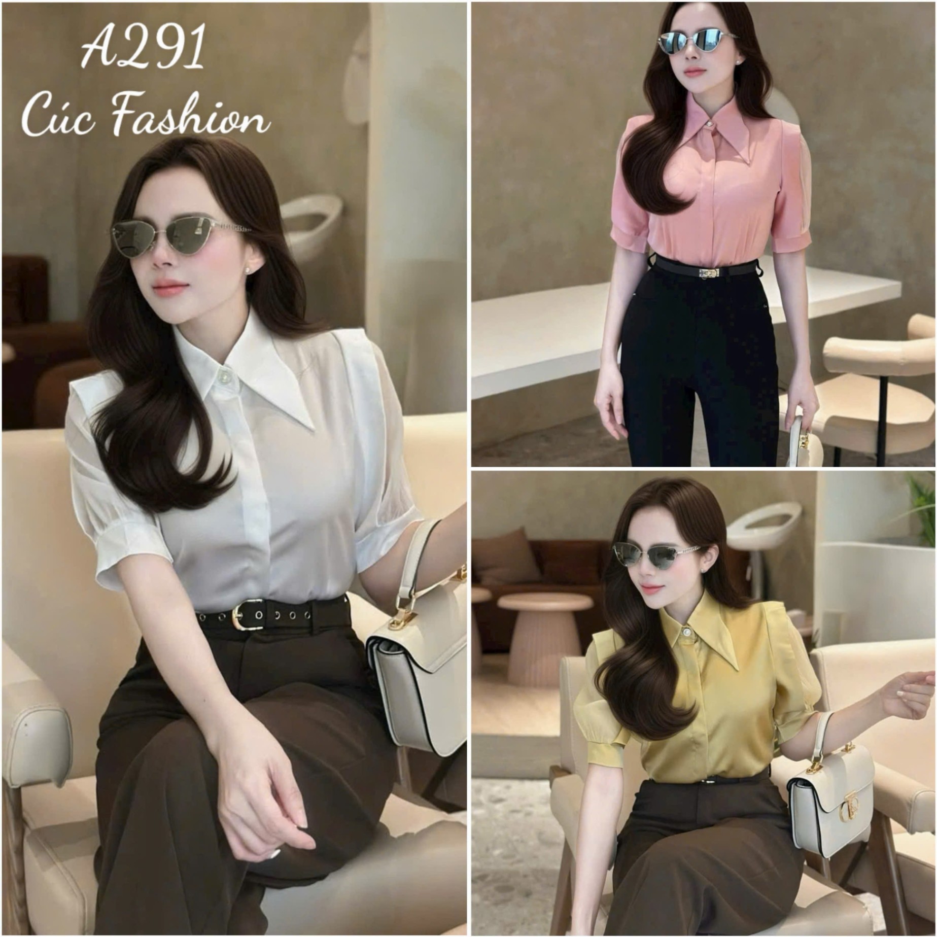 A291 Áo sơ mi lụa QC cổ nhọn
