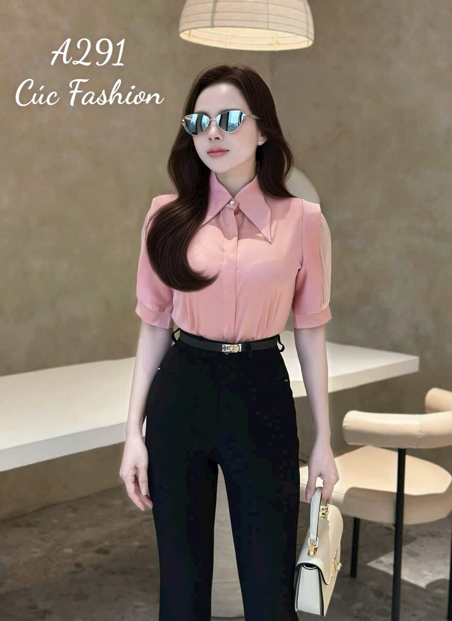A291 Áo sơ mi lụa QC cổ nhọn