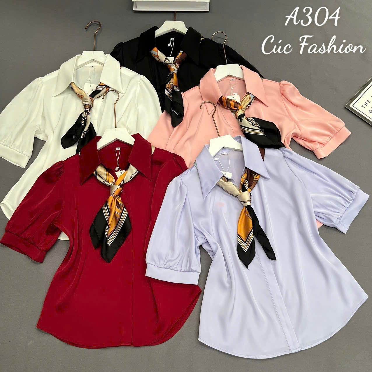A304 Áo sơ mi lụa tay lỡ kèm khăn