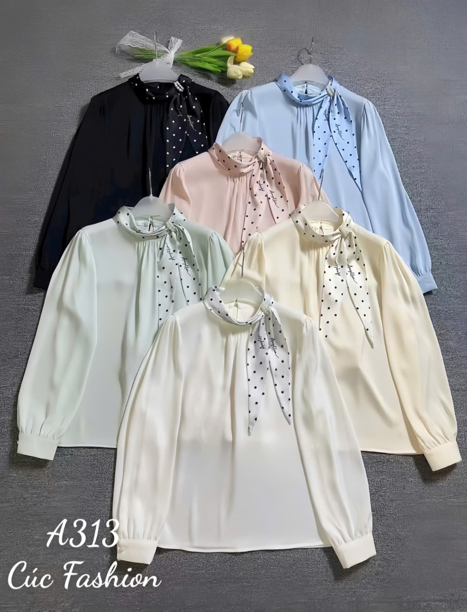 A313 Áo lụa dài tay mix khăn chấm bi