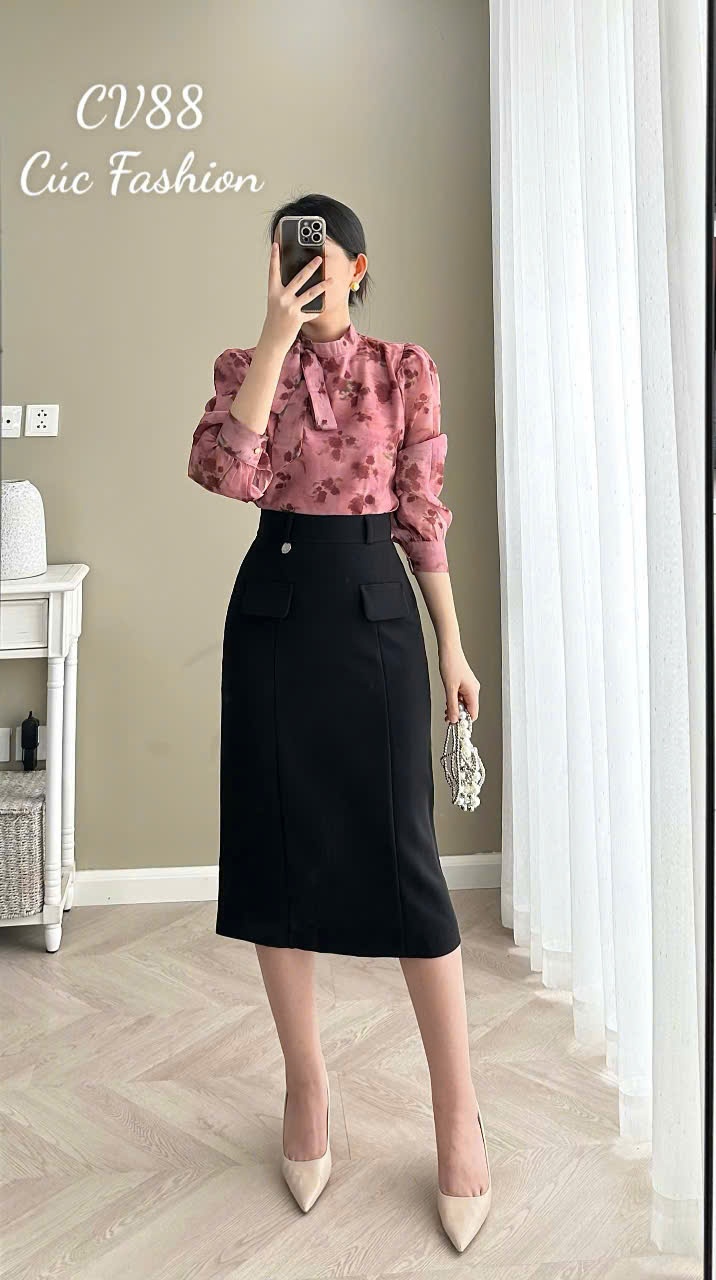 CV88 Chân váy 2 túi cơi đính 1 cúc ngọc