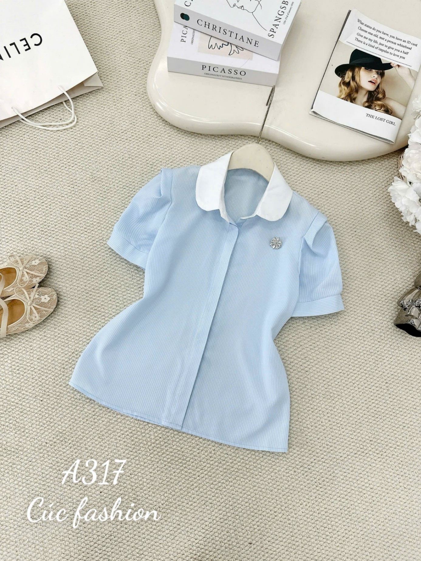 A317 Áo sơ mi kẻ nhỏ cổ sen