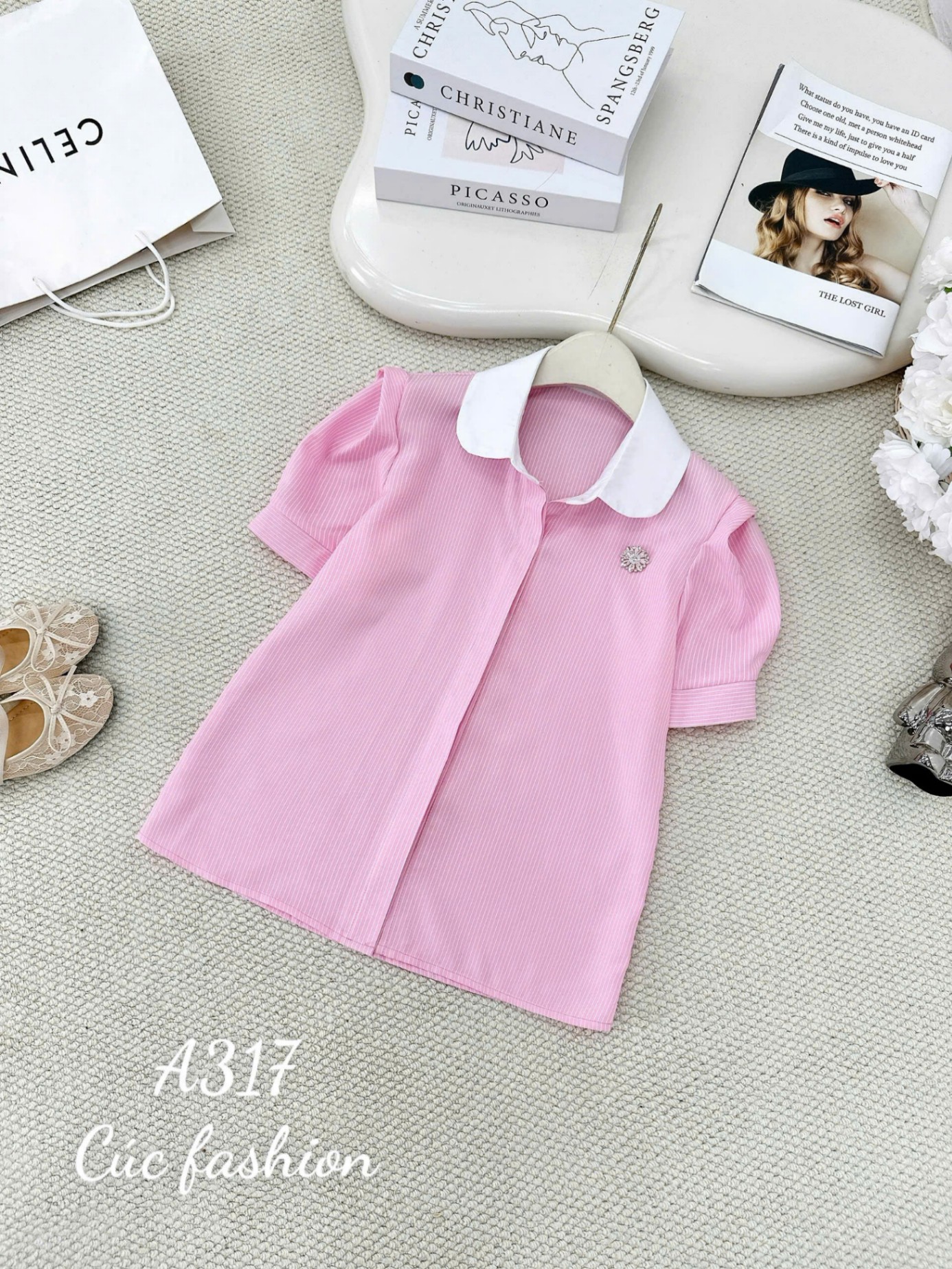 A317 Áo sơ mi kẻ nhỏ cổ sen