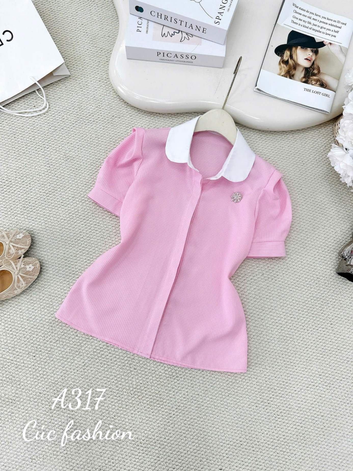 A317 Áo sơ mi kẻ nhỏ cổ sen