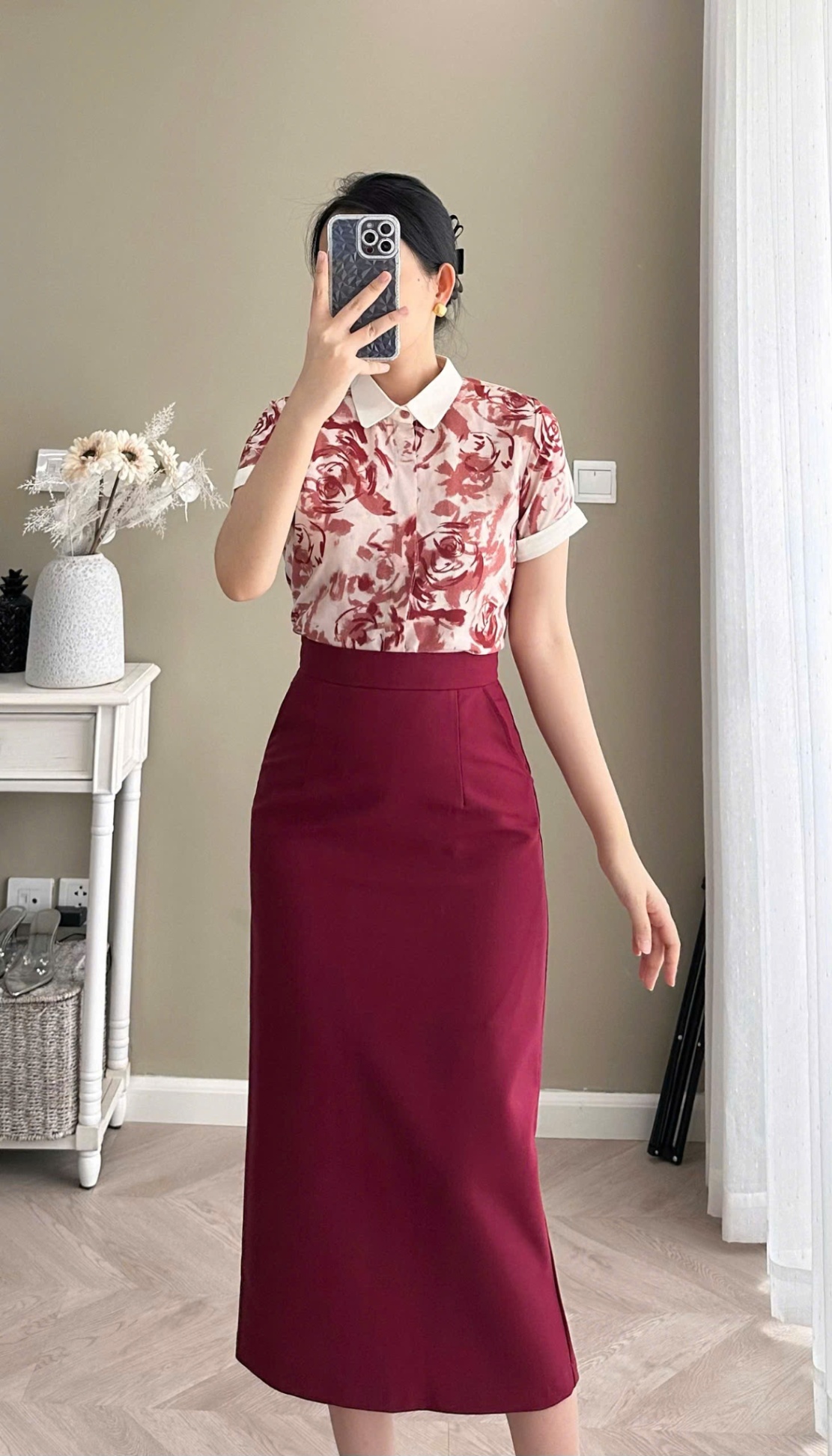 A328 Áo sơ mi vân hoa hồng