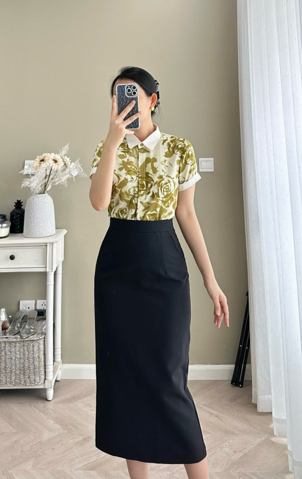 A328 Áo sơ mi vân hoa hồng