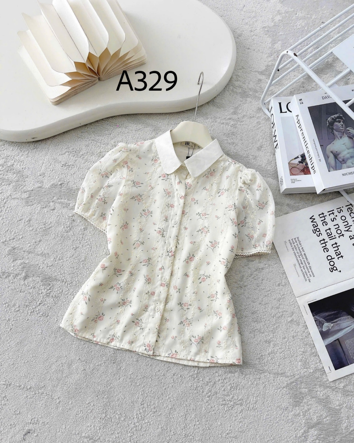 A329 Ao sơ mi cổ sen hoa nhí