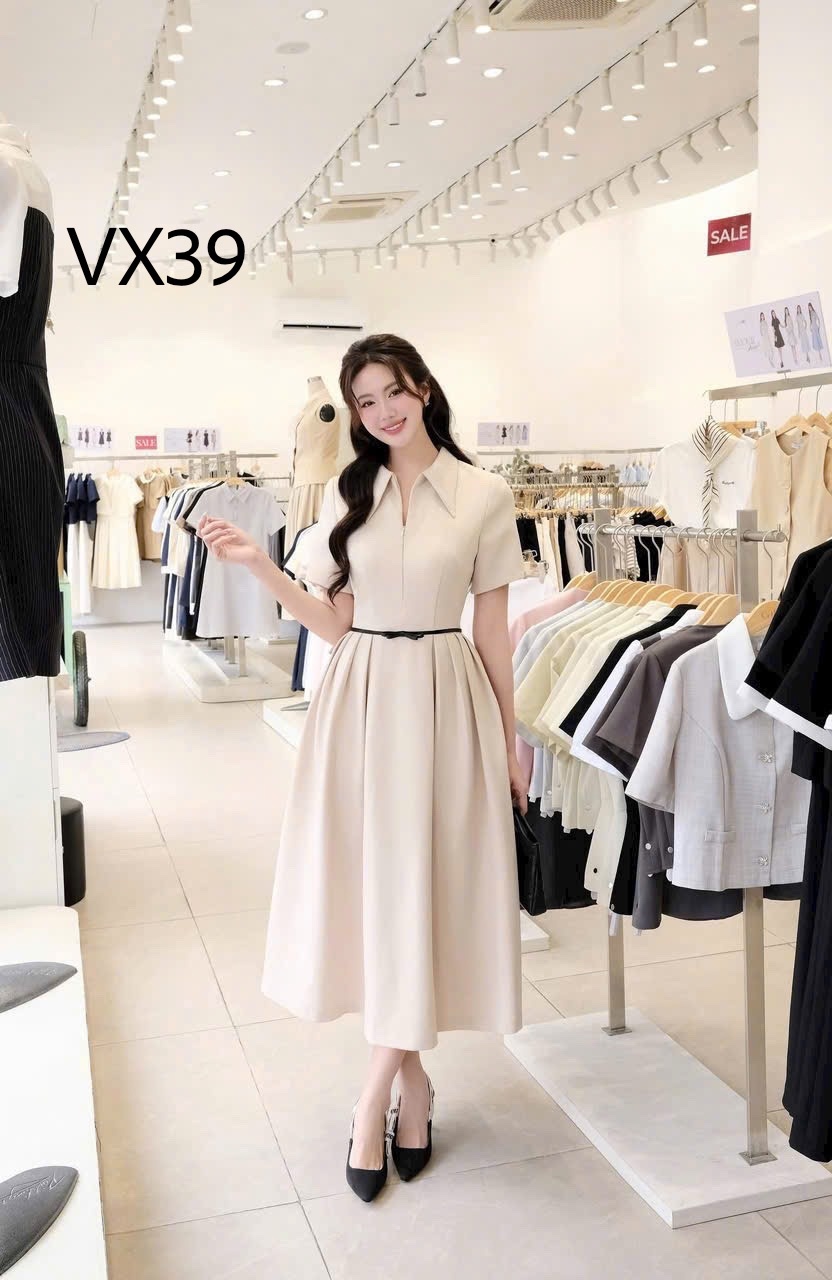 VX39 Váy liền cổ nhọn tay nơ