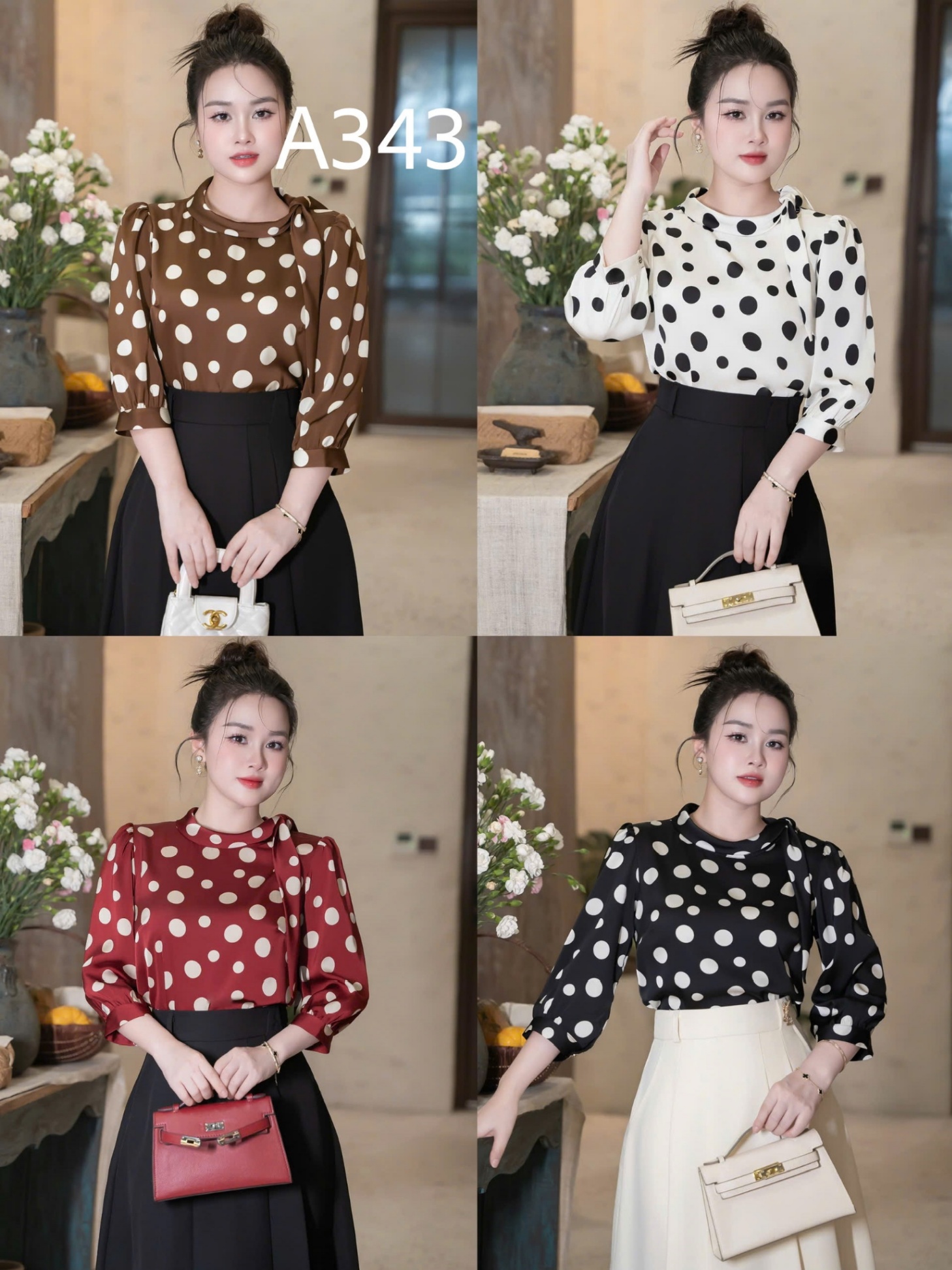 A343 Áo chấm bi tay lỡ nơ lệch