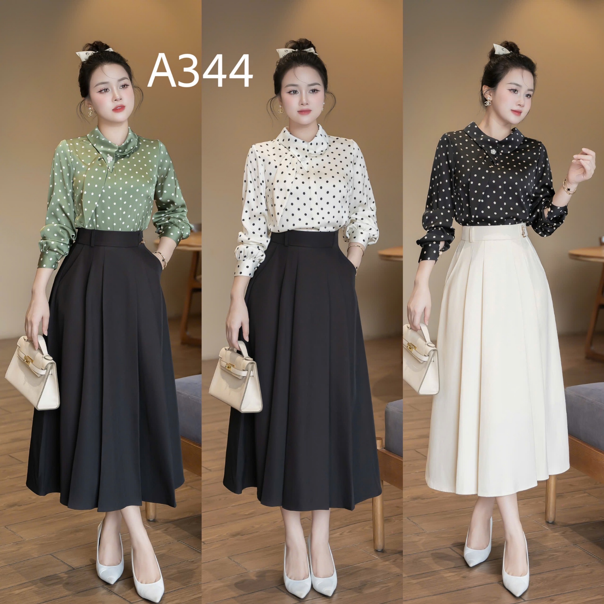 A344 Áo chấm bi tay dài vạt lệch