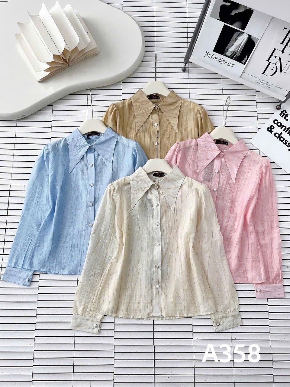 A358 Áo sơ mi cổ nhọn cúc ngọc