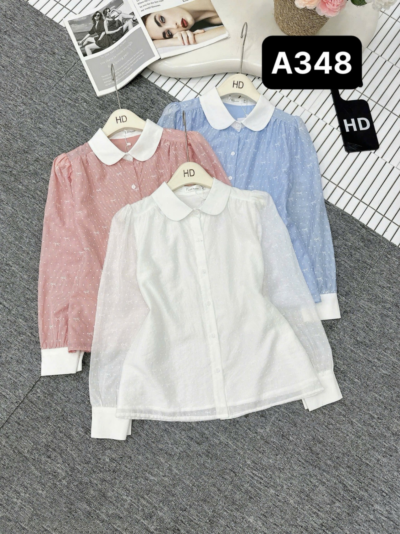 A348 Áo cổ sen nơ chấm bi