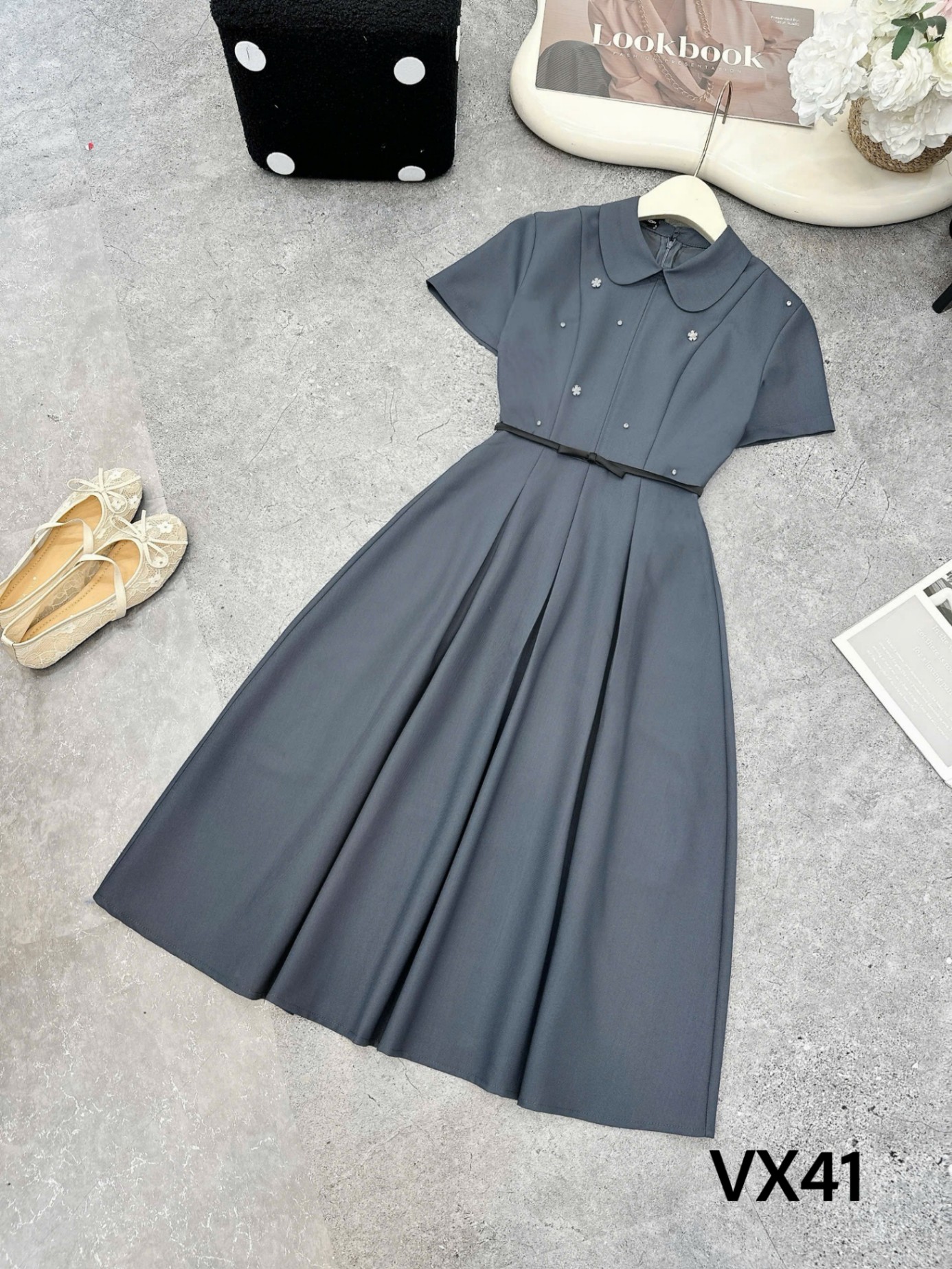 VX41 Váy liền đai nơ tag hoa