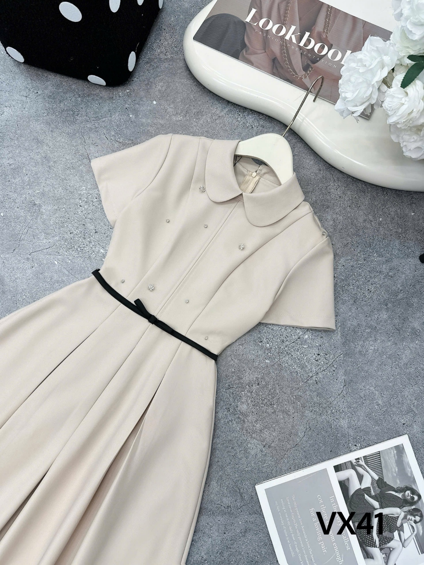 VX41 Váy liền đai nơ tag hoa