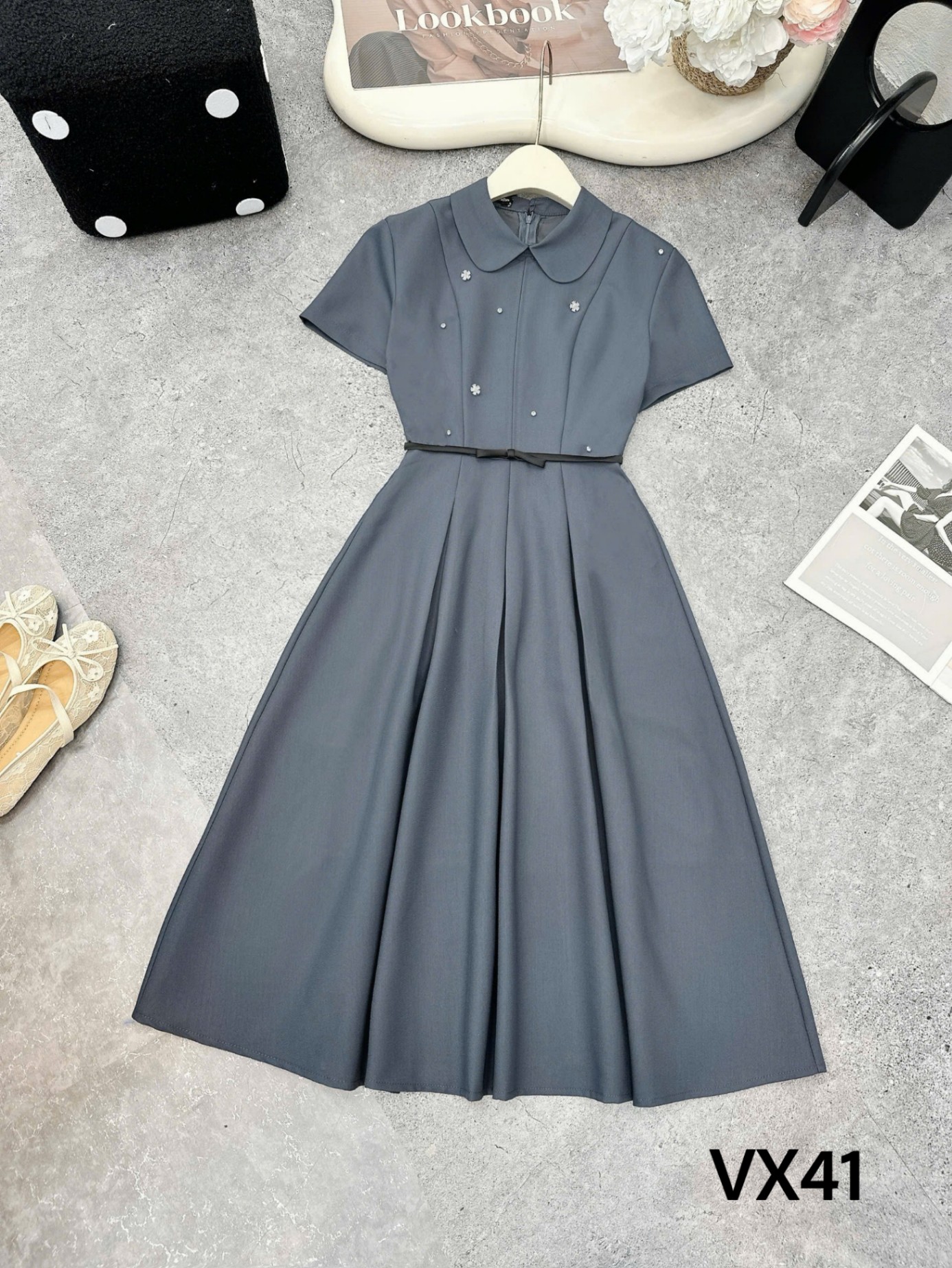 VX41 Váy liền đai nơ tag hoa