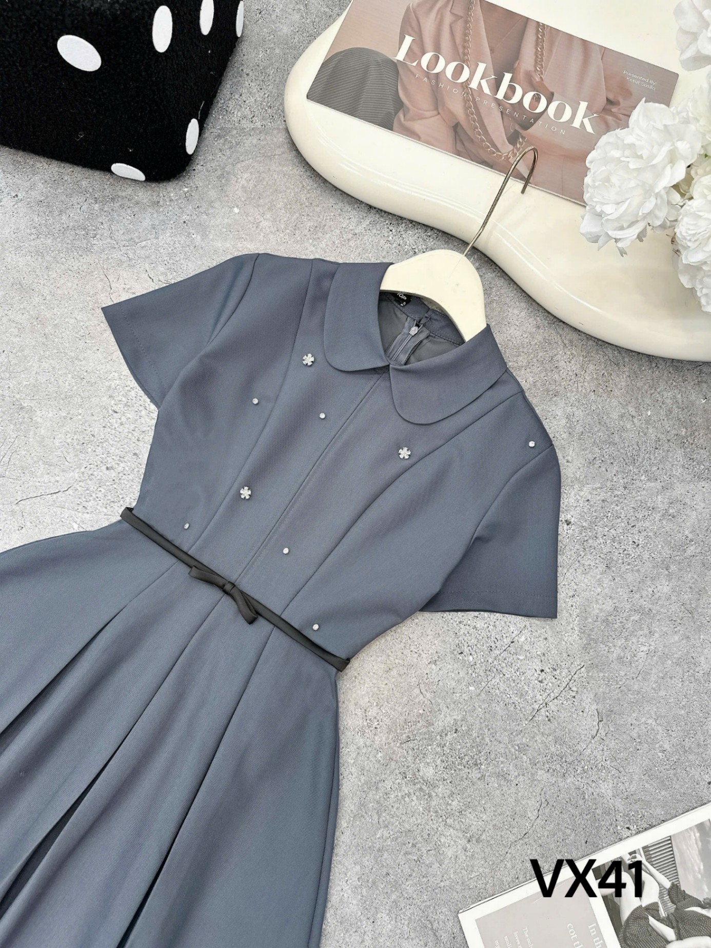 VX41 Váy liền đai nơ tag hoa