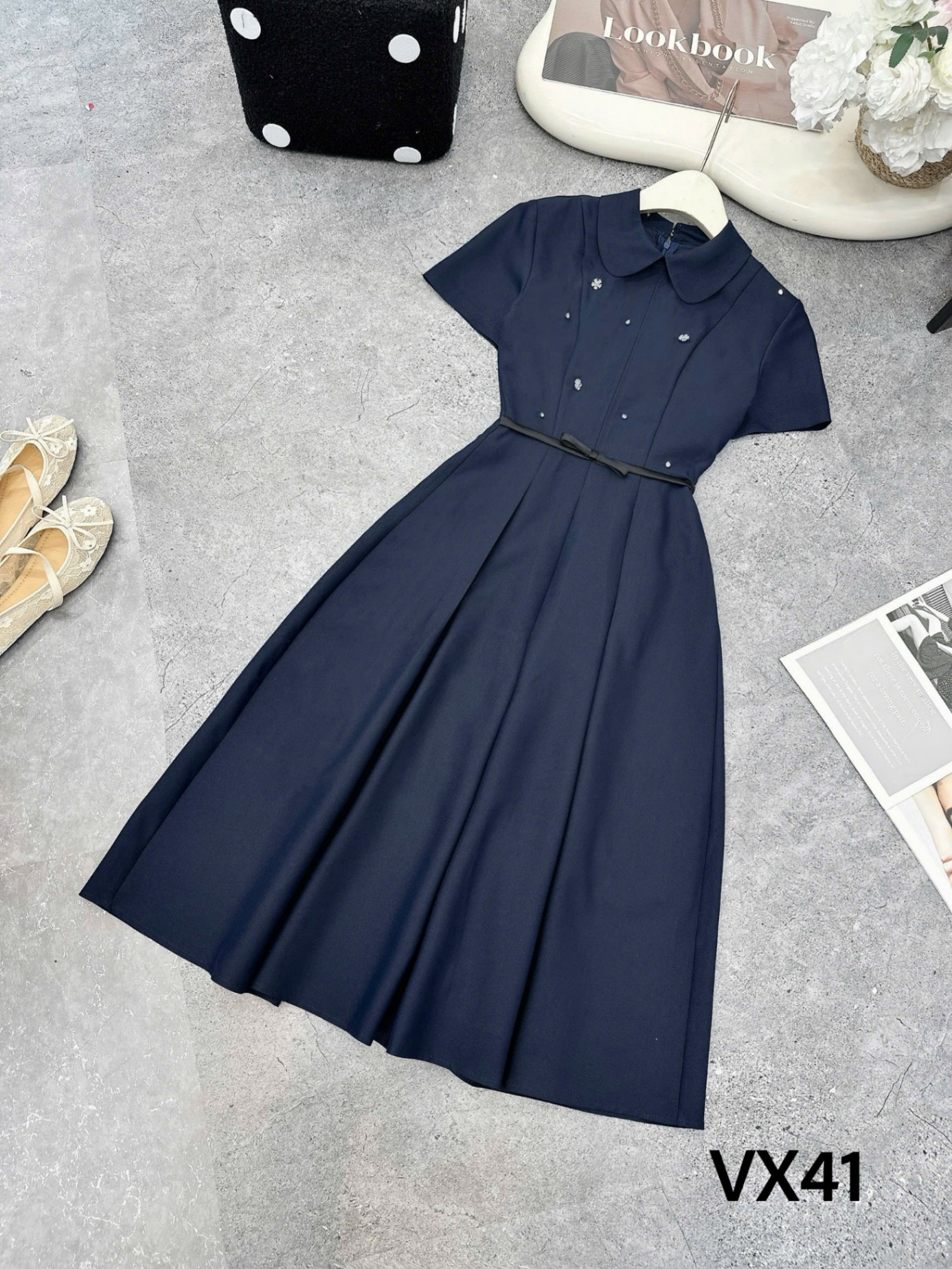 VX41 Váy liền đai nơ tag hoa