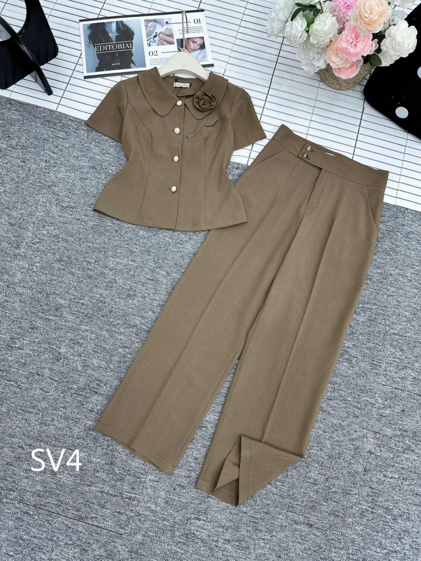 SV4 set kí giả cổ hoa quần xuông