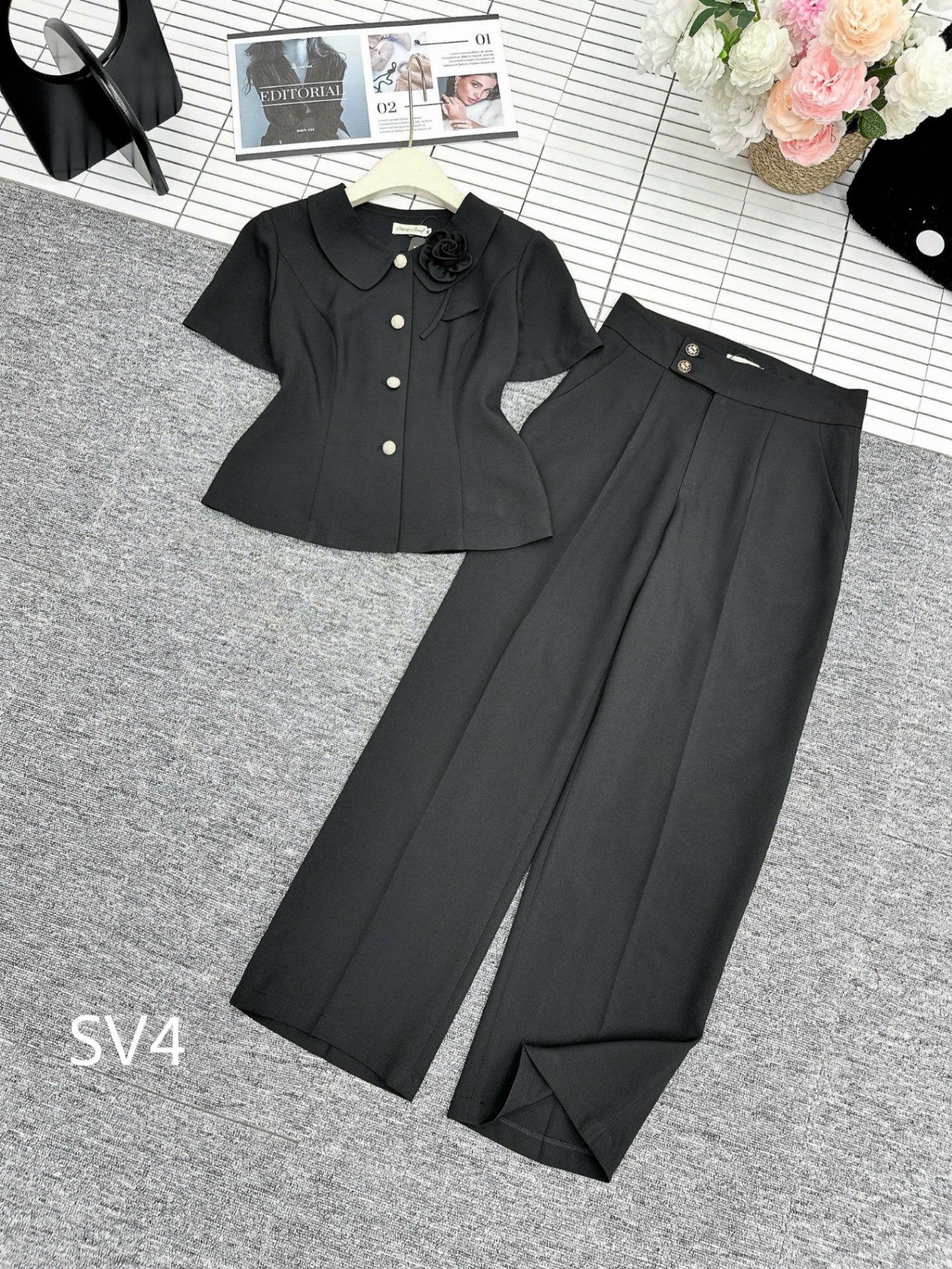 SV4 set kí giả cổ hoa quần xuông