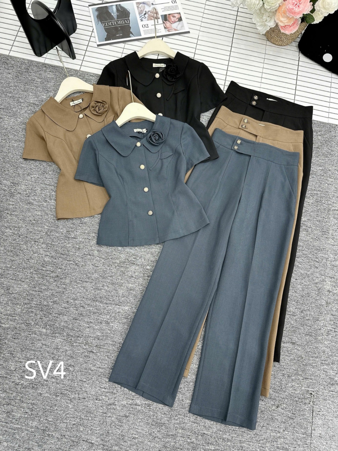 SV4 set kí giả cổ hoa quần xuông