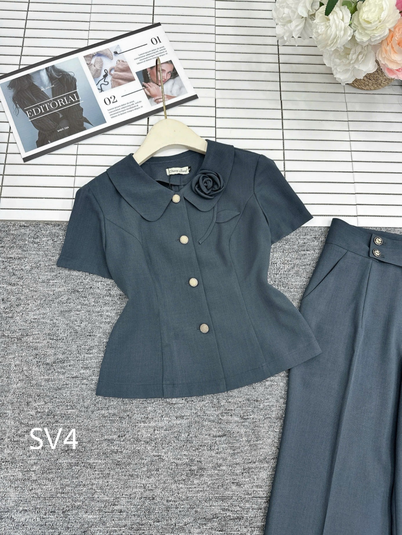SV4 set kí giả cổ hoa quần xuông
