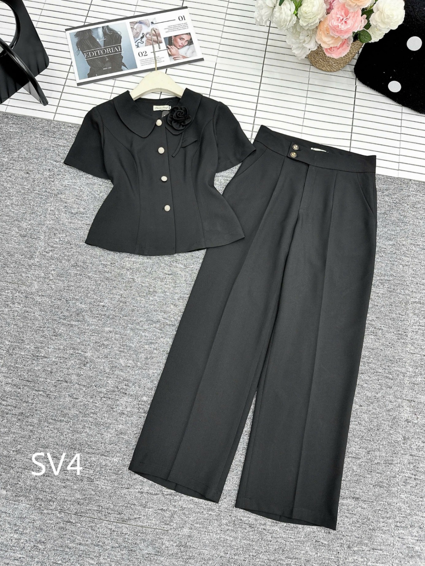 SV4 set kí giả cổ hoa quần xuông