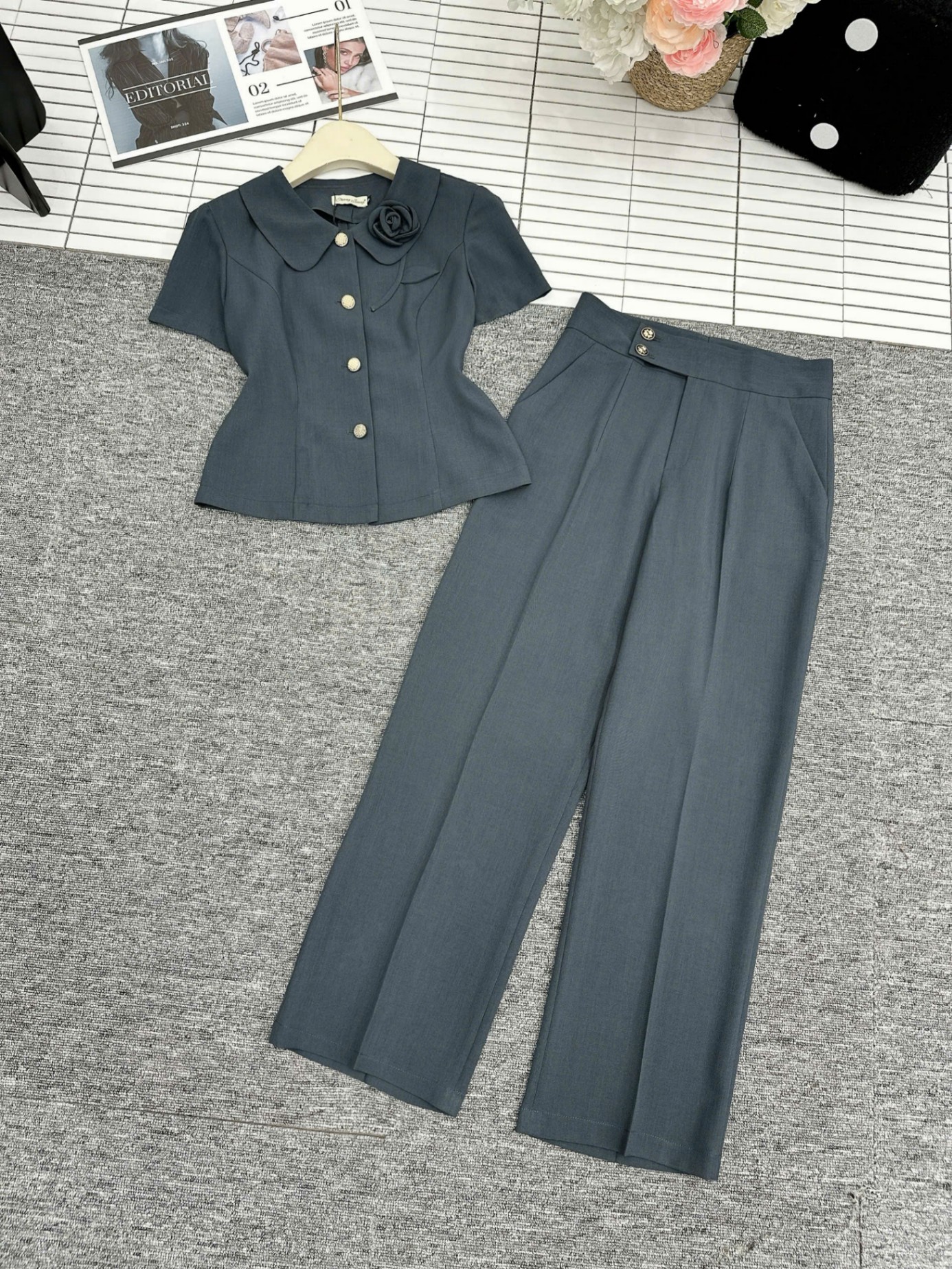 SV4 set kí giả cổ hoa quần xuông
