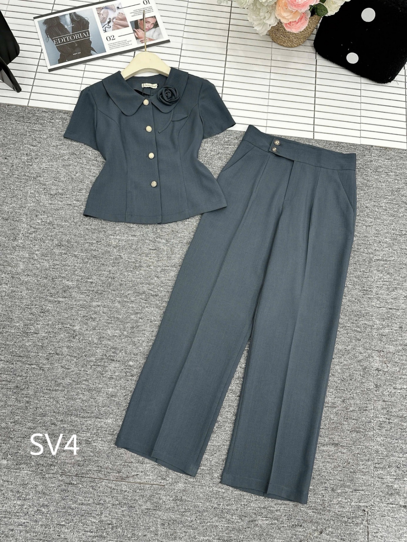 SV4 set kí giả cổ hoa quần xuông