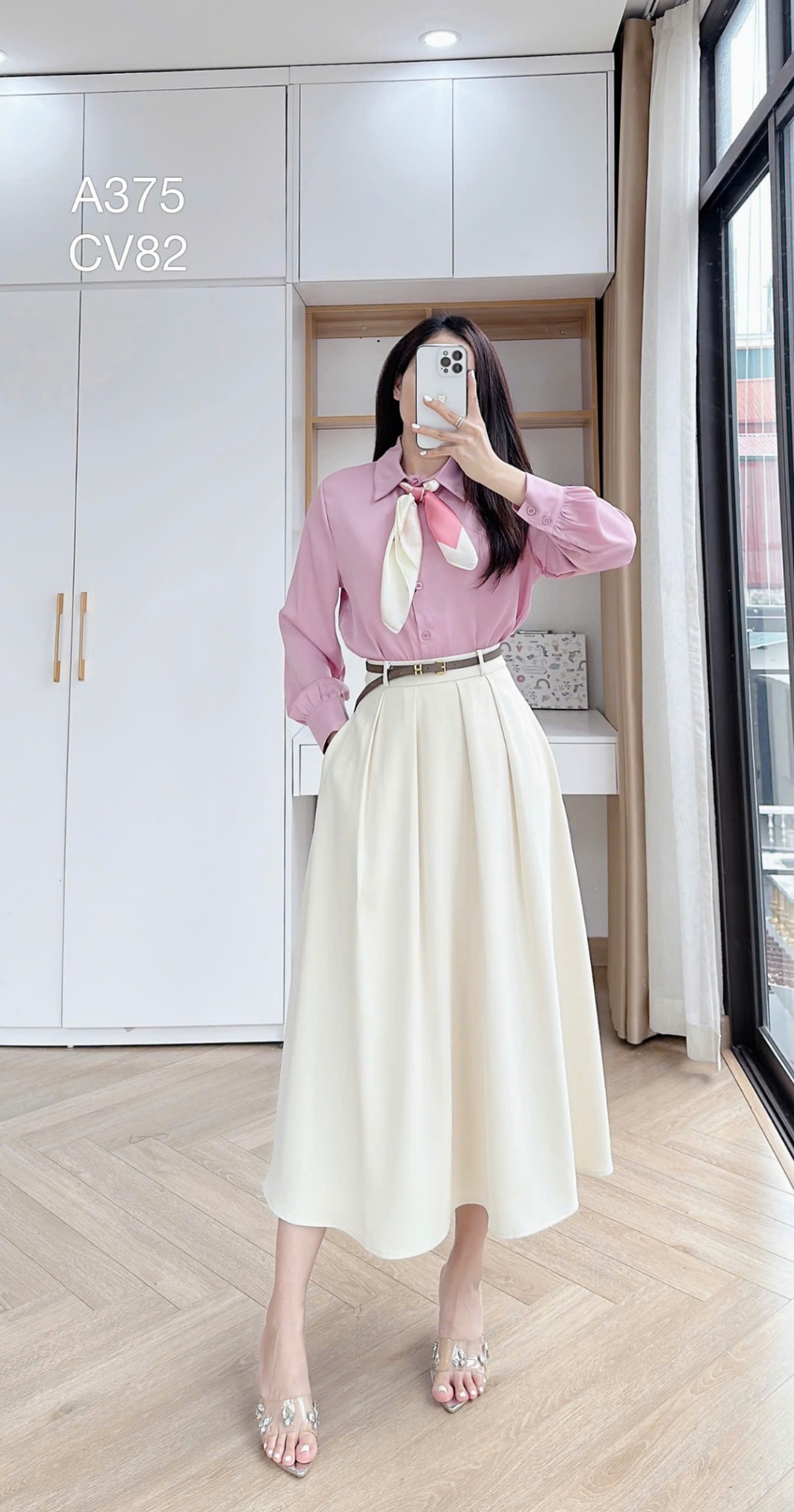 A375 áo lụa dài tay kèm khăn