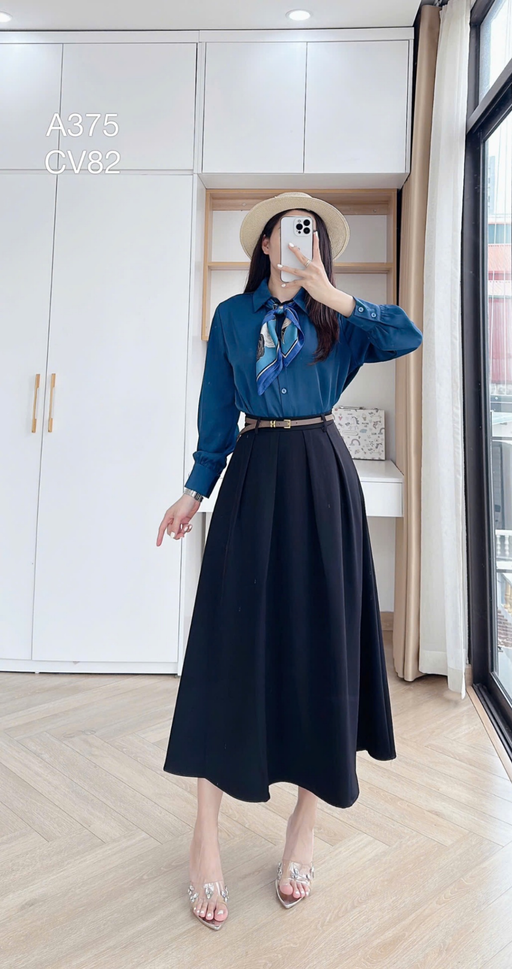 A375 áo lụa dài tay kèm khăn