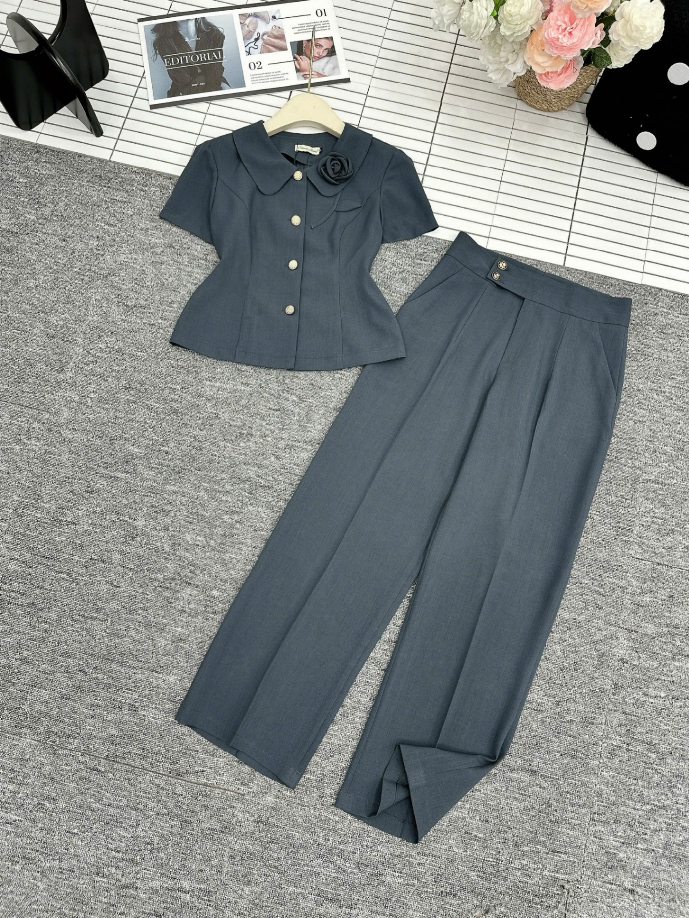 SV4 set kí giả cổ hoa quần xuông