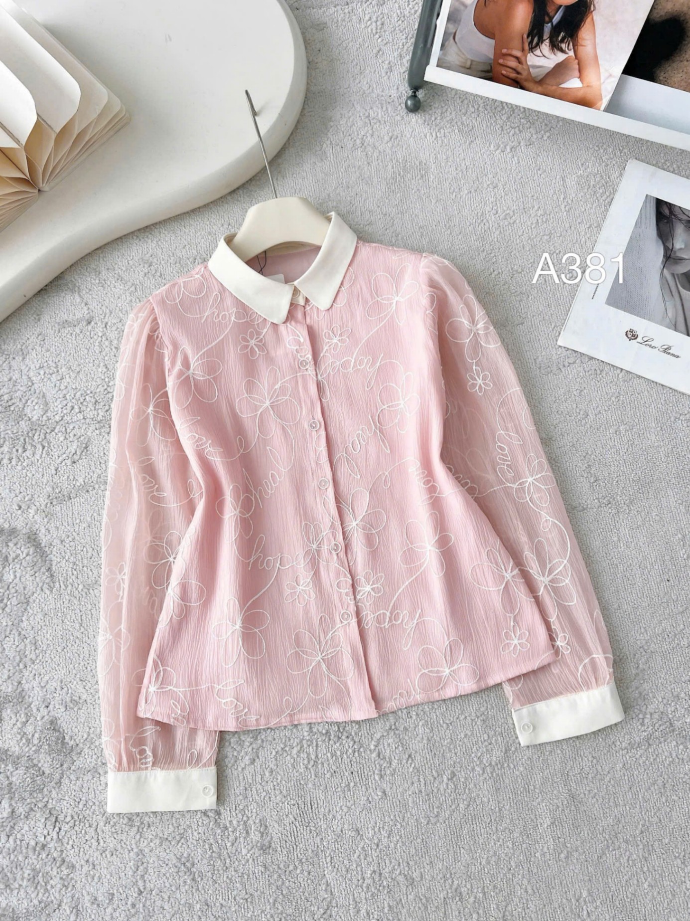 A381 áo vân hoa phối cổ