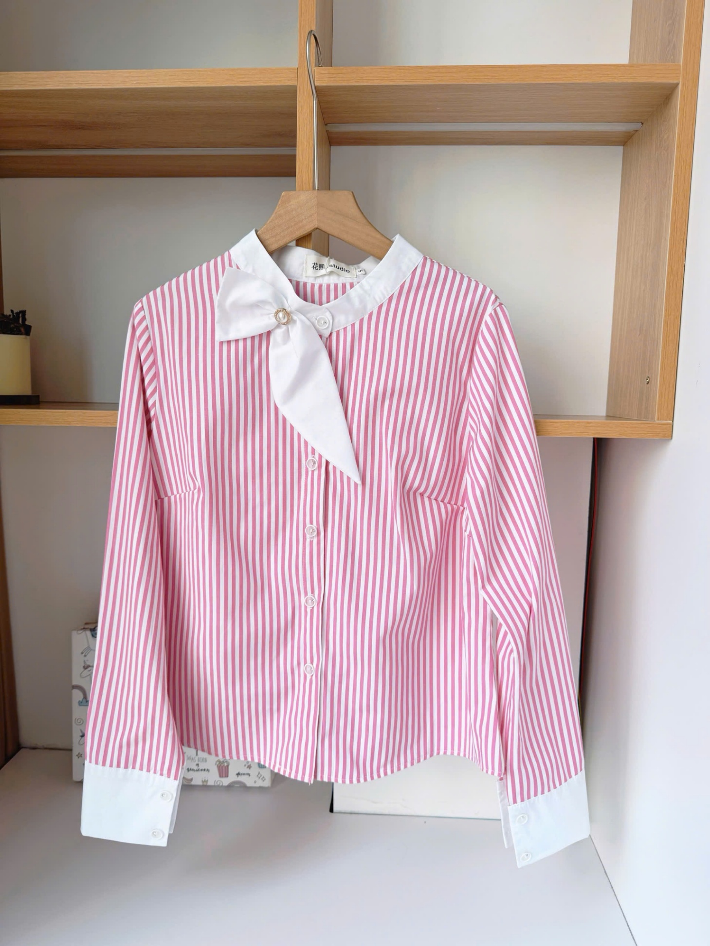 A388 Áo sơ mi kẻ tay dài nơ ngọc