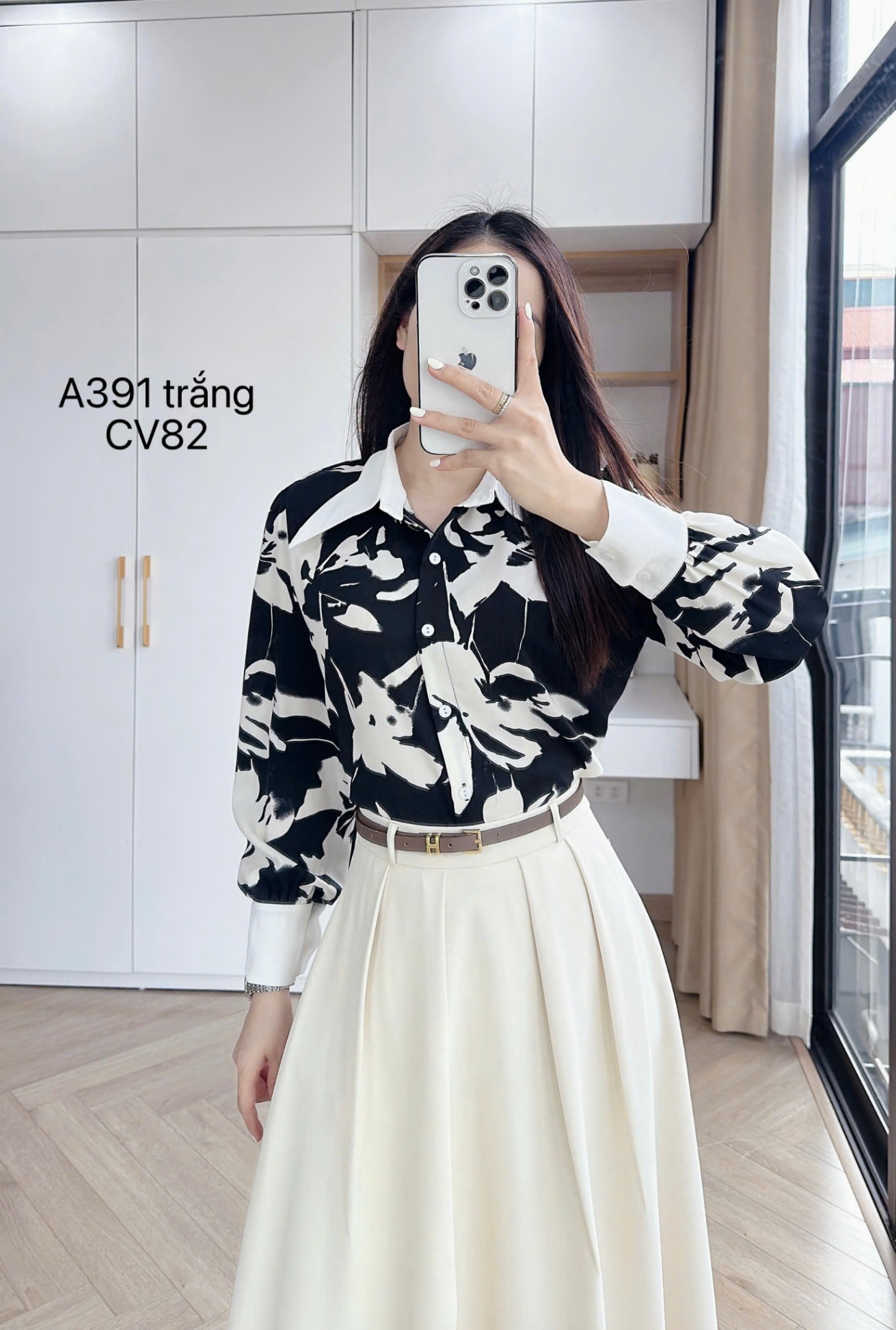 A391 áo loang hoa cổ phối