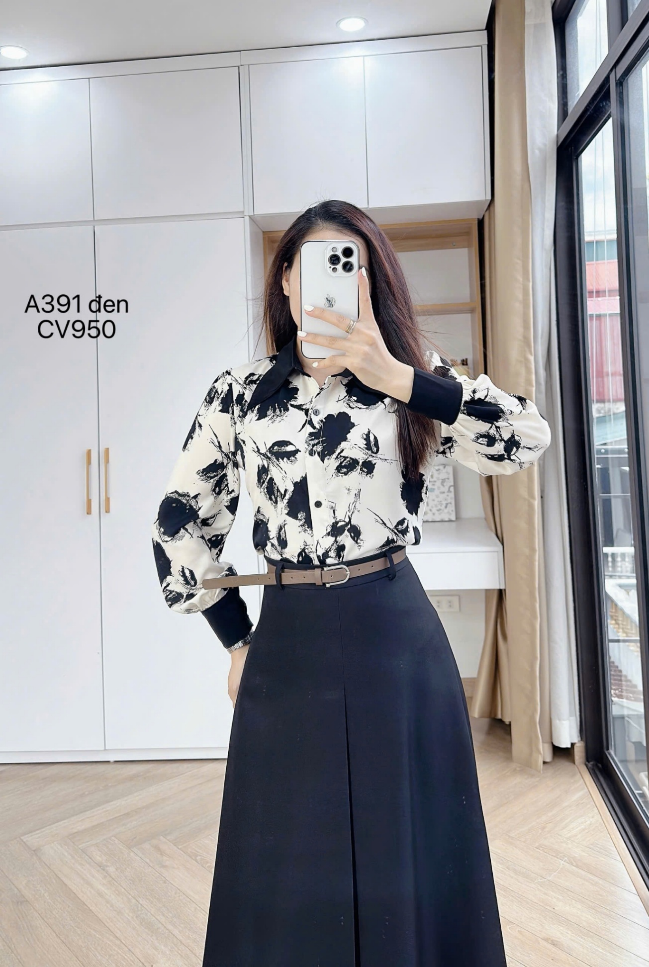 A391 áo loang hoa cổ phối