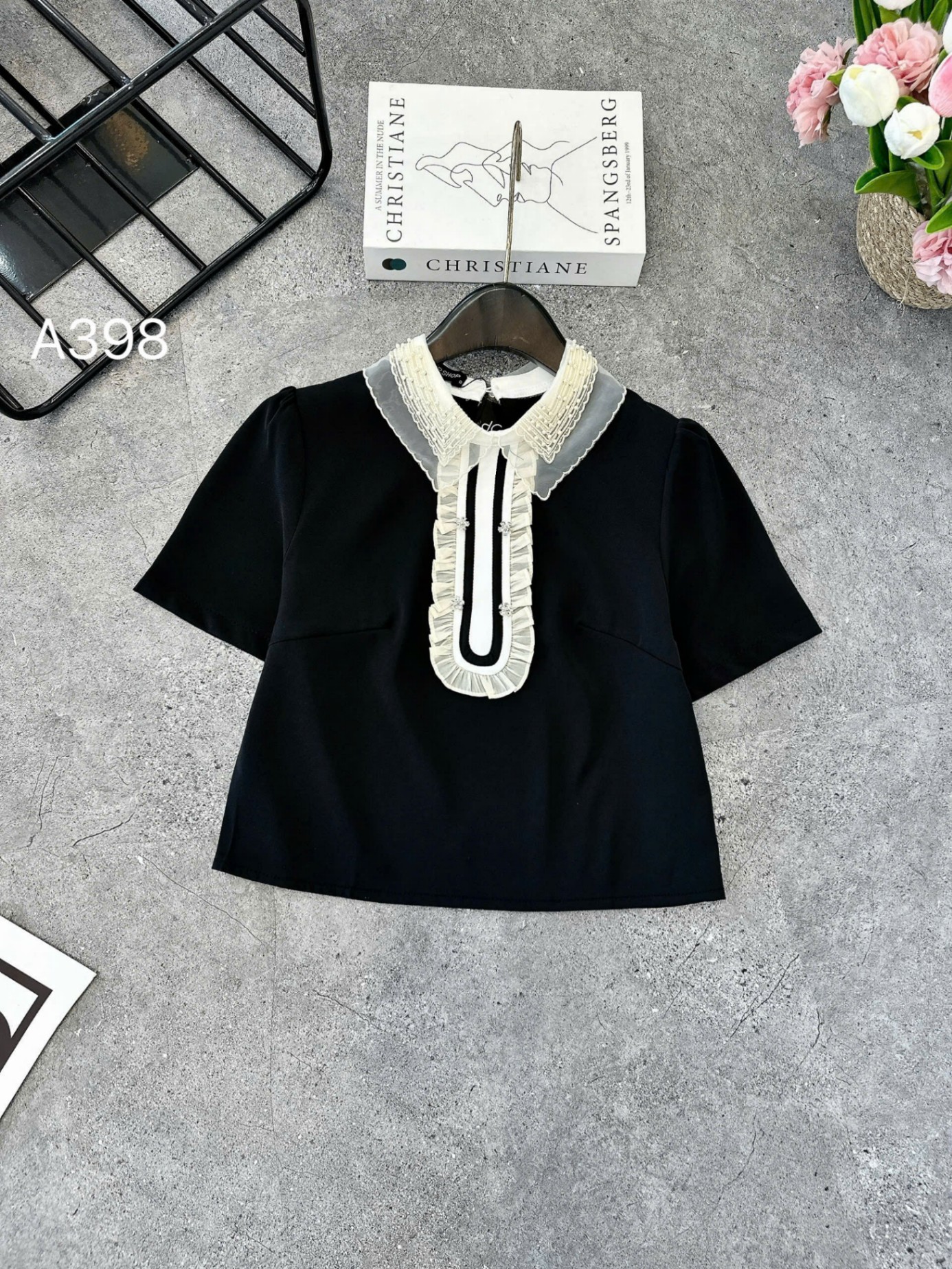 A398 áo cổ ren bèo cườm