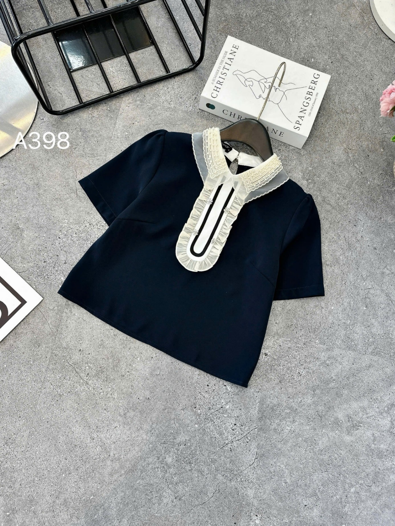 A398 áo cổ ren bèo cườm