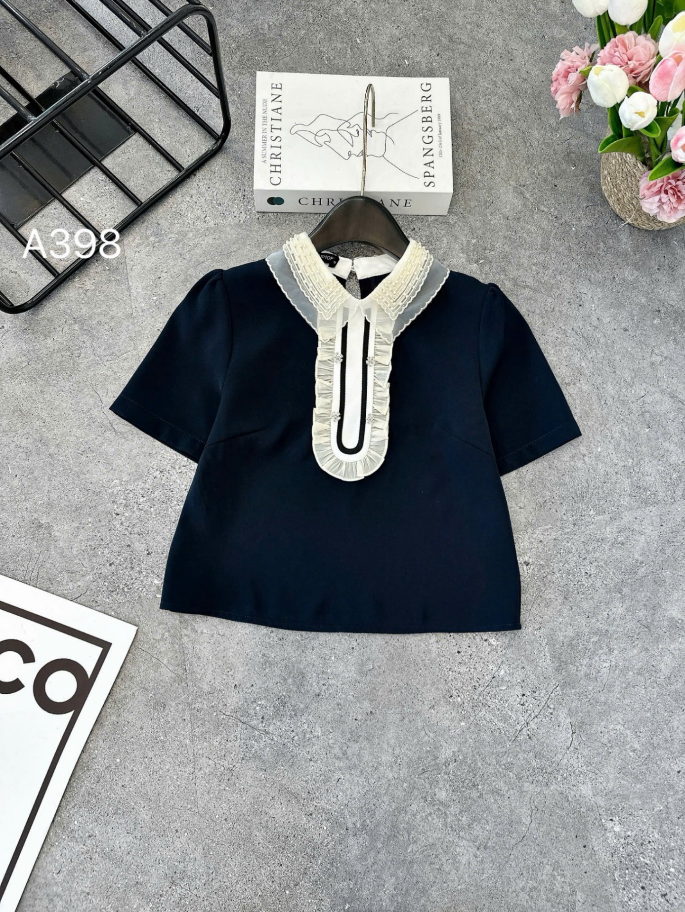 A398 áo cổ ren bèo cườm